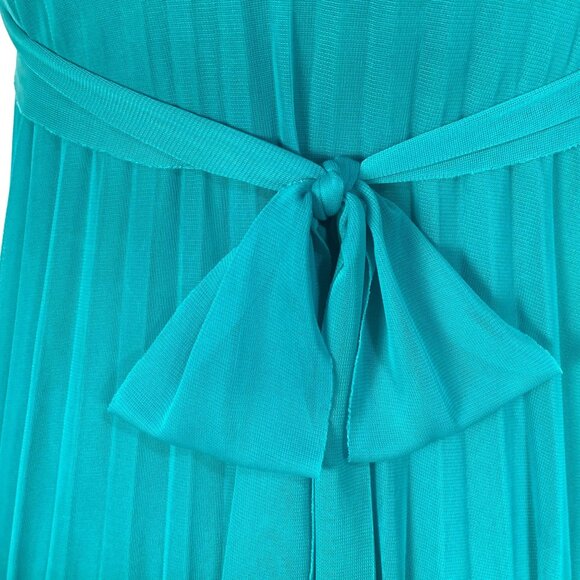 Teal Chiffon Pleated Dress S Rhinestone Belt Bow Tie Knee Length Cocktail Prom - Picture 6 of 9